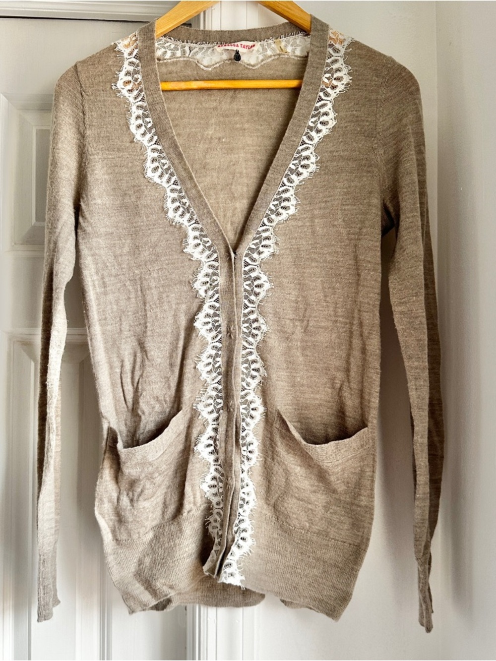 Rebecca Taylor Wool Blend Cardigan with White Lace Trim